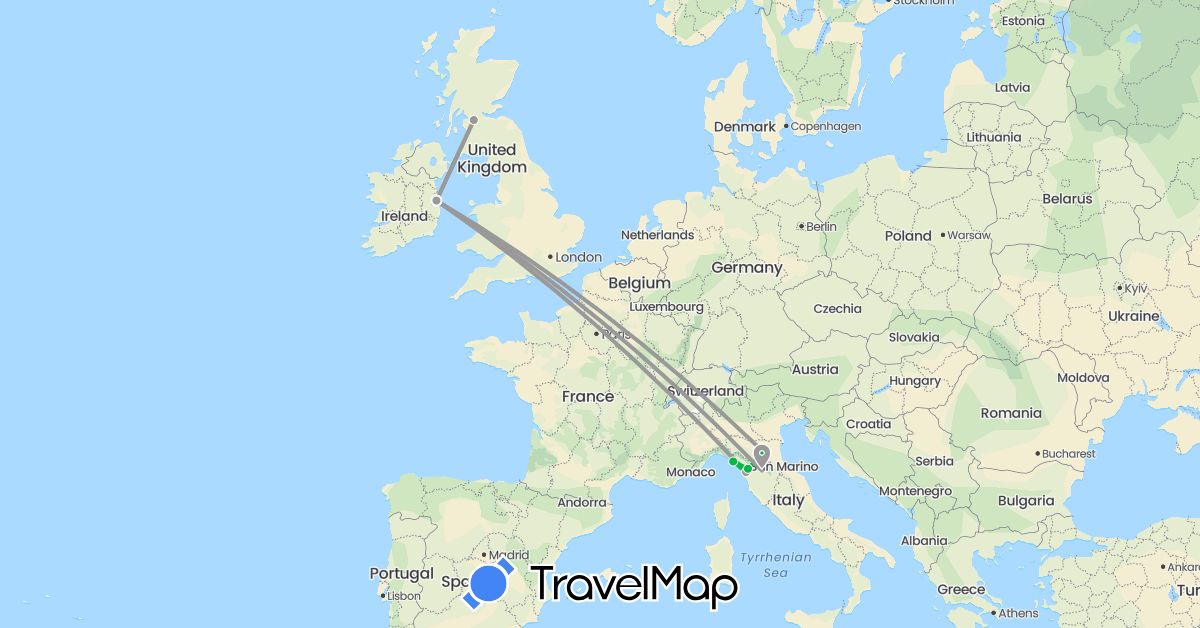 TravelMap itinerary: driving, bus, plane in United Kingdom, Ireland, Italy (Europe)